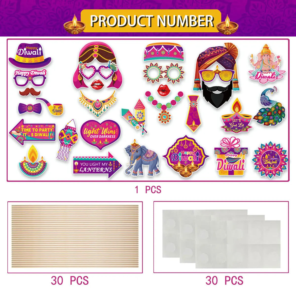 30Pcs/Set Happy Diwali Theme Photo Booth Props