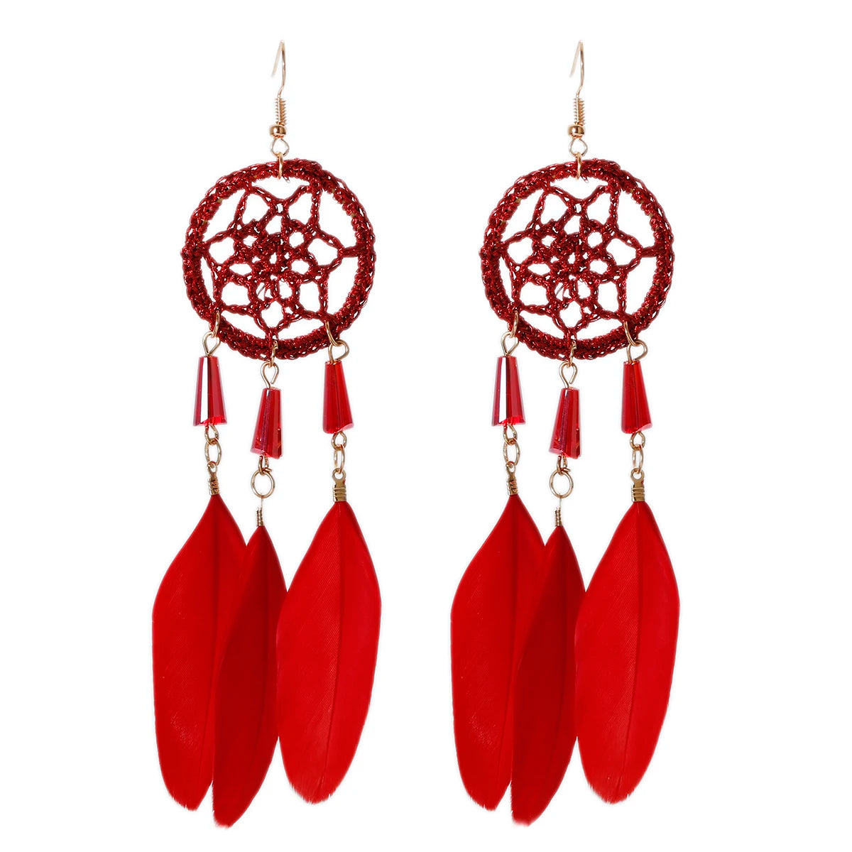 TopHanqi Bohemian Hollow Dream Catcher Leaf Feather Earrings