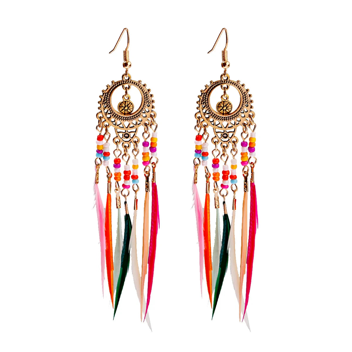 TopHanqi Bohemian Hollow Dream Catcher Leaf Feather Earrings