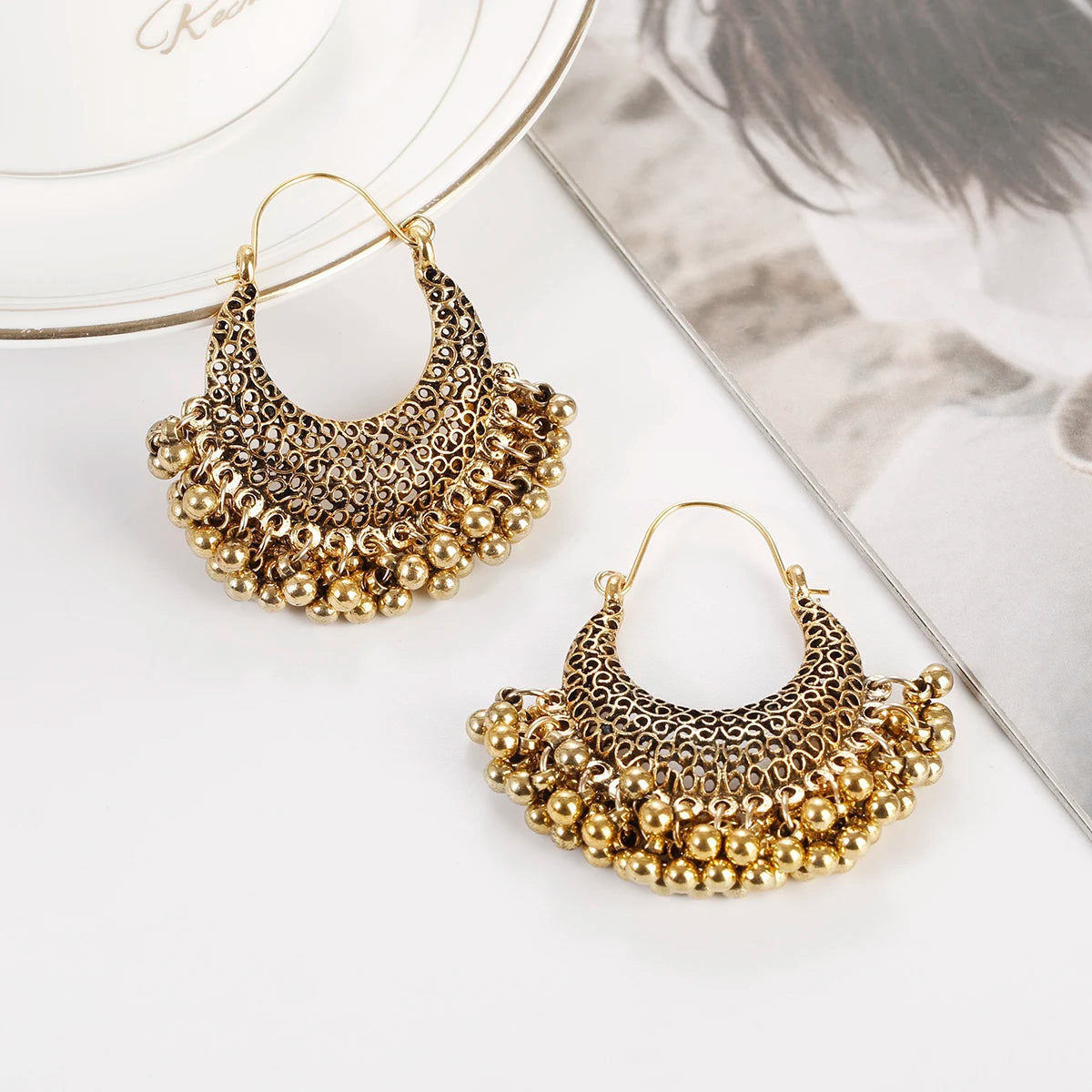 Boho Gold Color Beads Tassel Earring