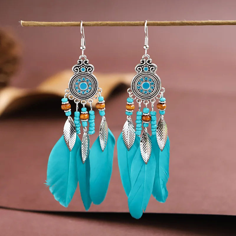 Ethnic Long Tassels Feather Drop Earrings