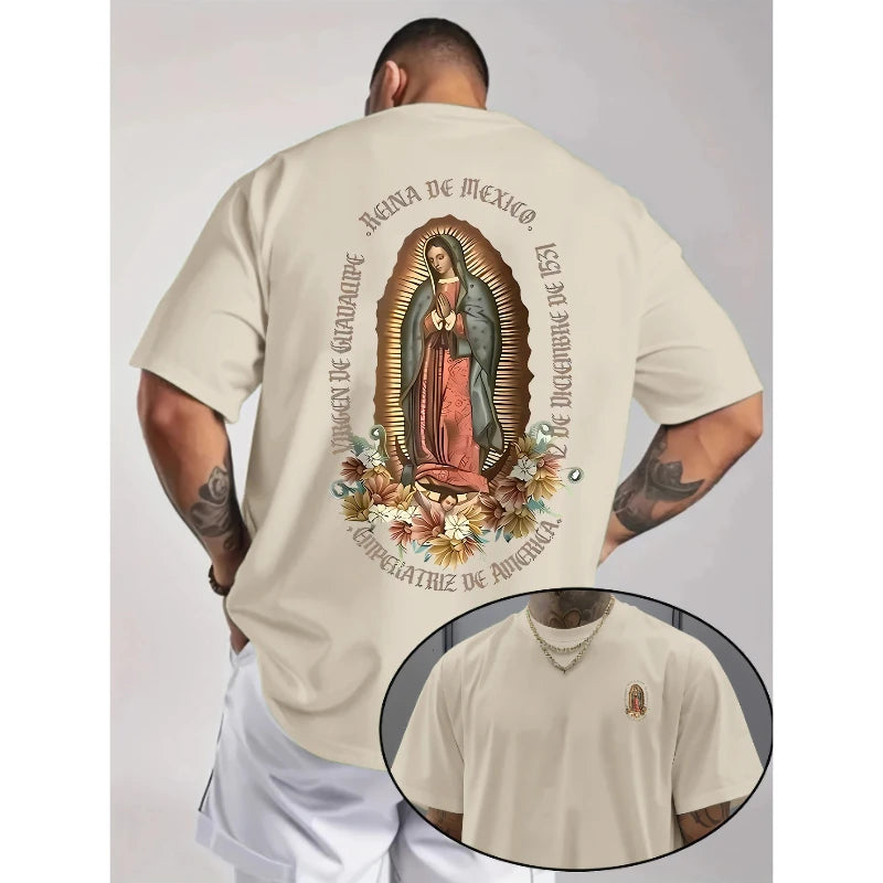 Virgen De Guadalupe Graphic Short Sleeve Religious Virgin Mary Cotton T-Shirt