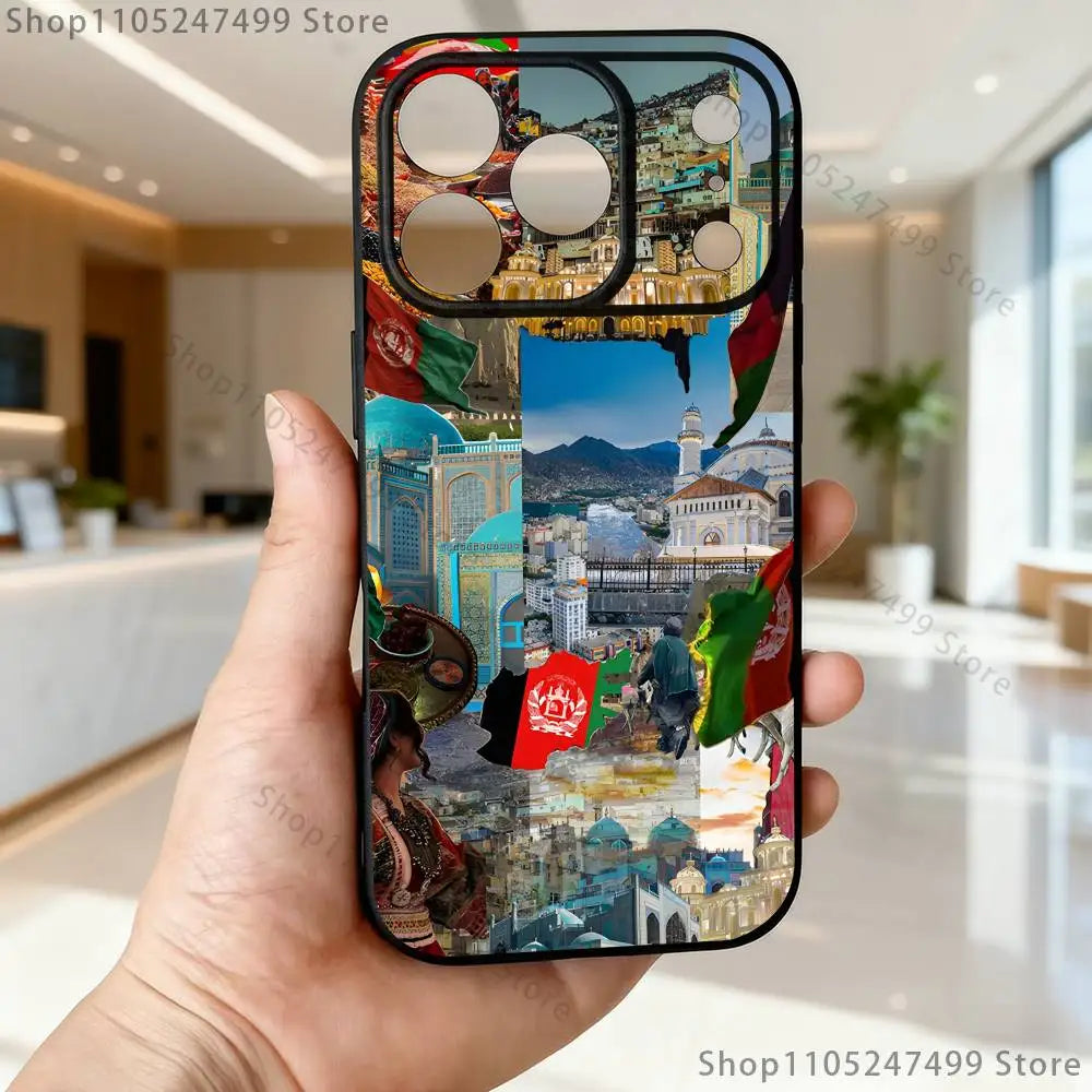 جراب هاتف علم أفغانستان لأجهزة آيفون 17,16,15,14,13,12,Pro,Max,Plus,E,SE4,Air,Mini أسود سوفت بوكس