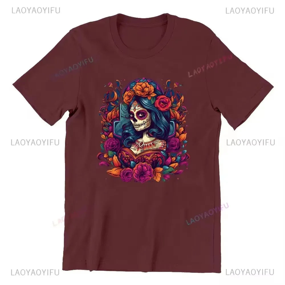 Skull T-Shirt La Catrina Girl with Purple Roses Dia De Los Muertos Day of The Dead