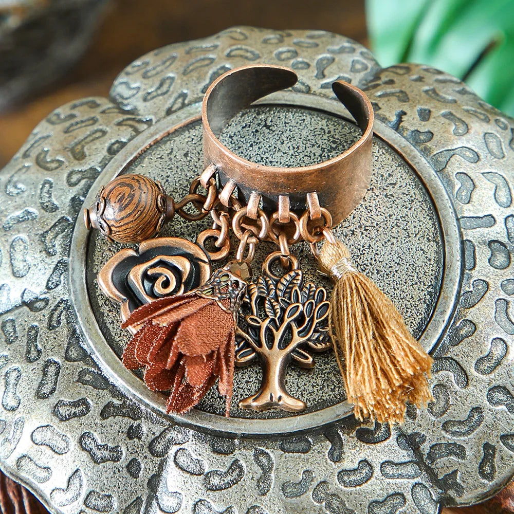 Ethnic Flower Feather Tassel Rings For Women Vintage Antique