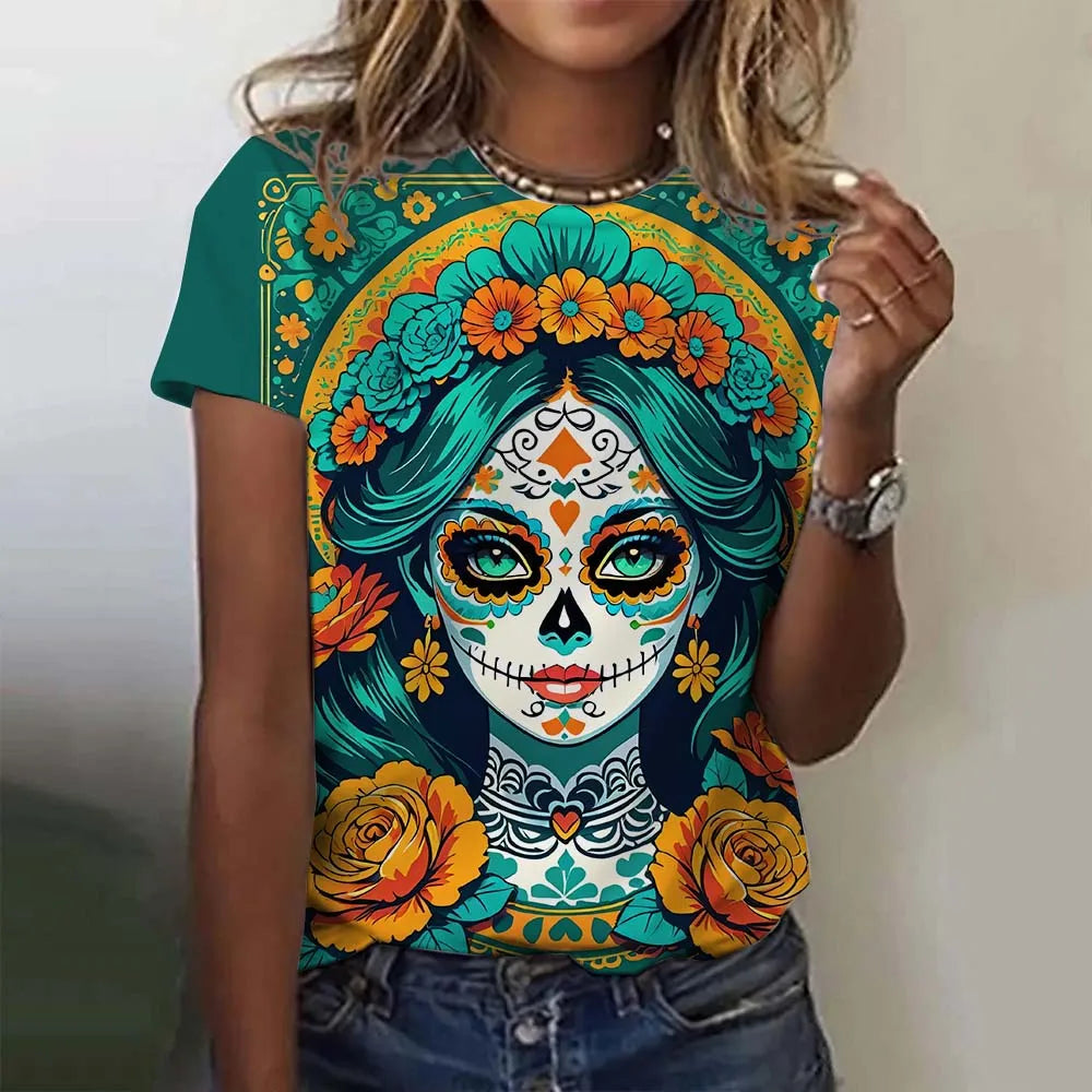 Women's T-shirt for Girls Short Sleeve Day of the Dead Undead Skull