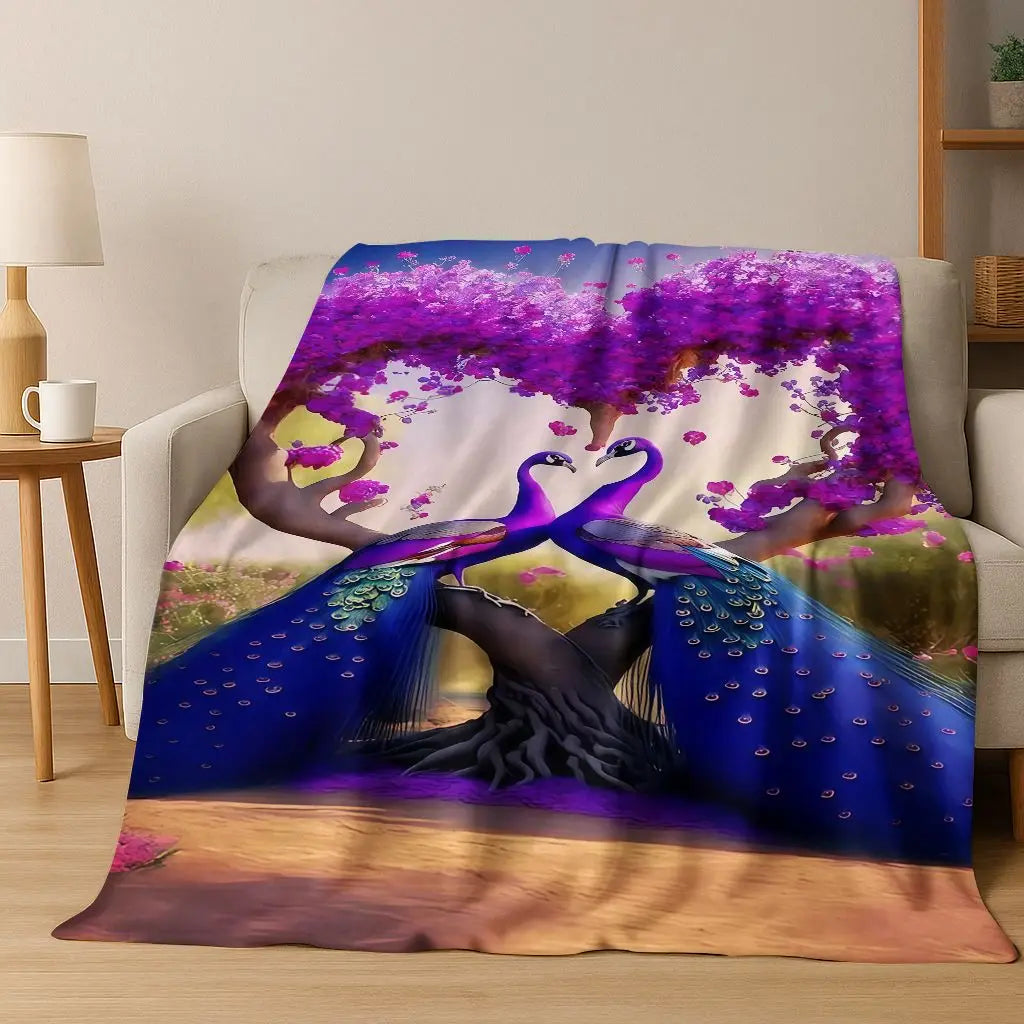 3D Colorful Peacock Birds Dream Flannel Blanket