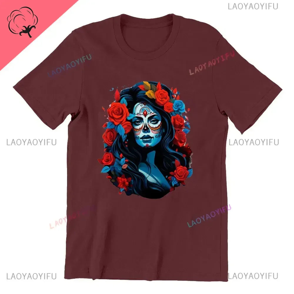 Skull T-Shirt La Catrina Girl with Purple Roses Dia De Los Muertos Day of The Dead