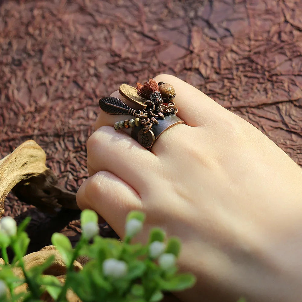 Ethnic Flower Feather Tassel Rings For Women Vintage Antique