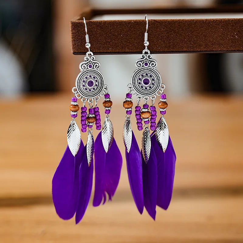 Ethnic Long Tassels Feather Drop Earrings