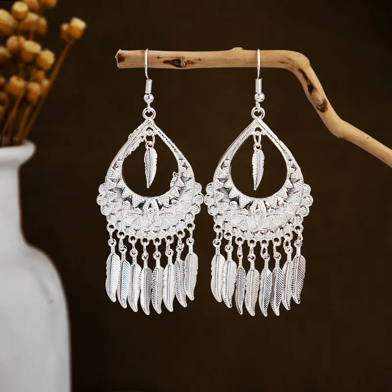 Ethnic Silver Color Long Leaf Dangle Earrings
