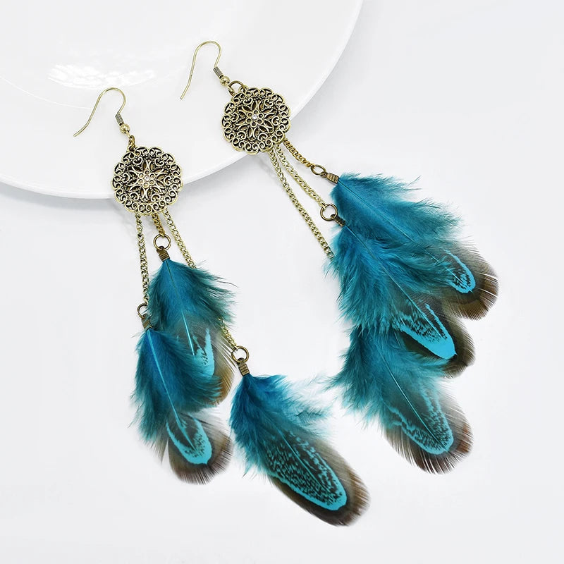 Feather Earrings Handmade Chain Long Earrings