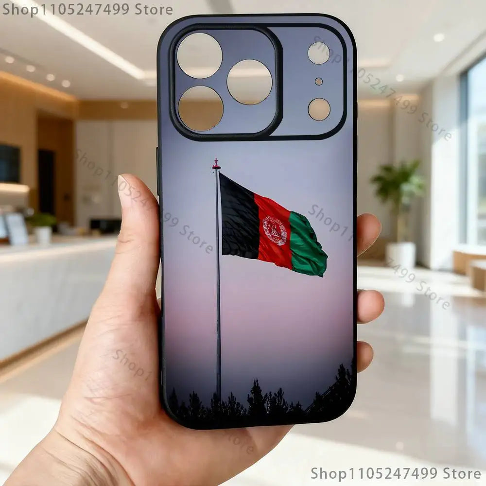 جراب هاتف علم أفغانستان لأجهزة آيفون 17,16,15,14,13,12,Pro,Max,Plus,E,SE4,Air,Mini أسود سوفت بوكس