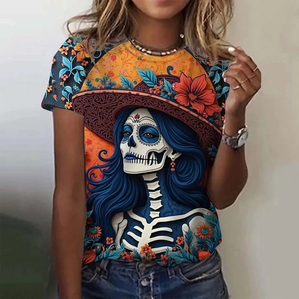 Women's T-shirt for Girls Short Sleeve Day of the Dead Undead Skull