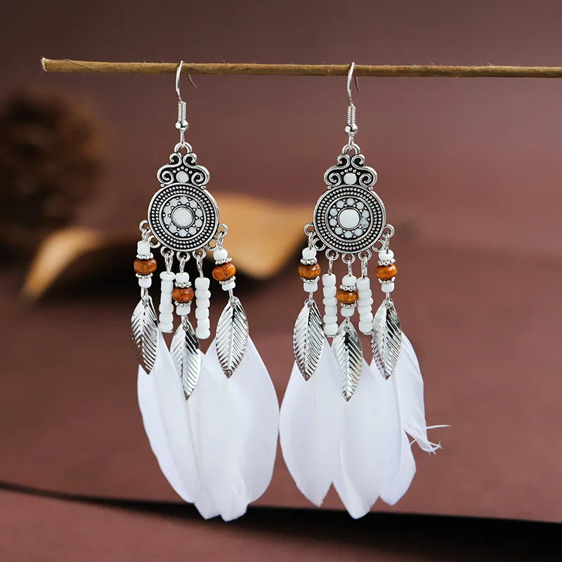 Ethnic Long Tassels Feather Drop Earrings