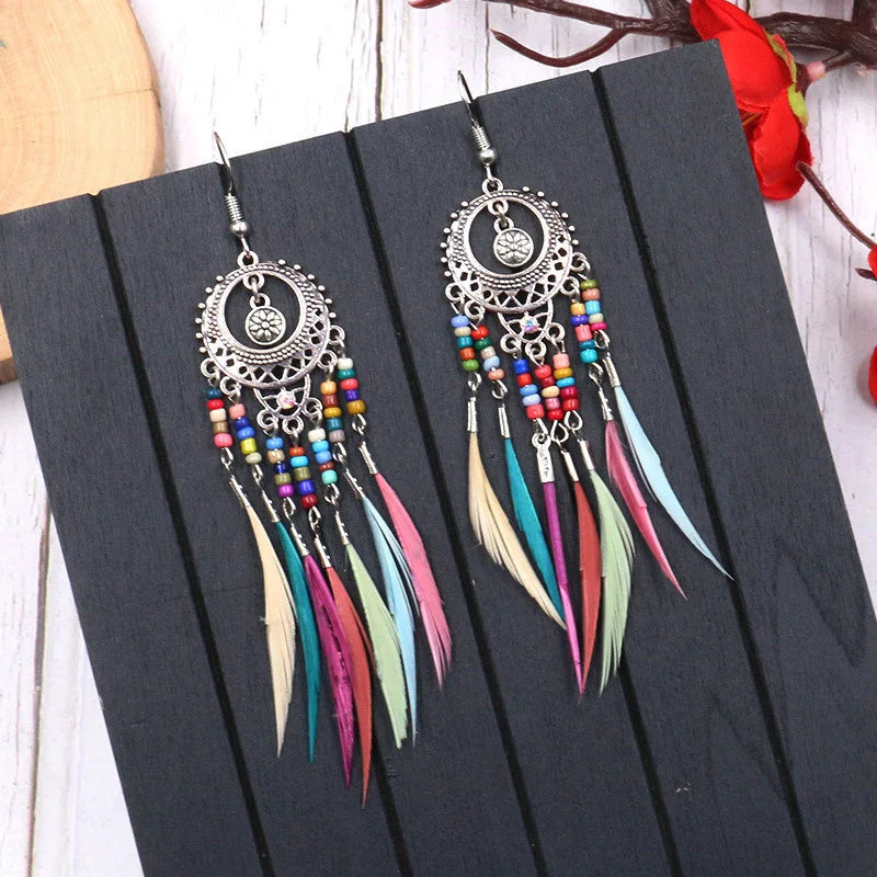 Native Vintage Jewelry Feather Tassel Long Earrings