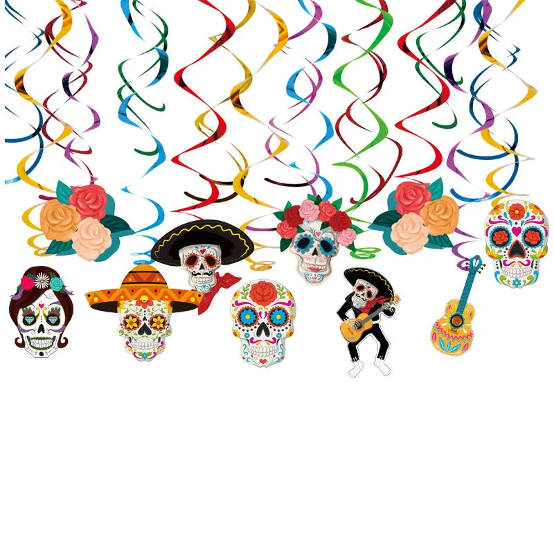 Mexico Day of The Dead Theme Skull Banner Multicolor Photography Backdrop