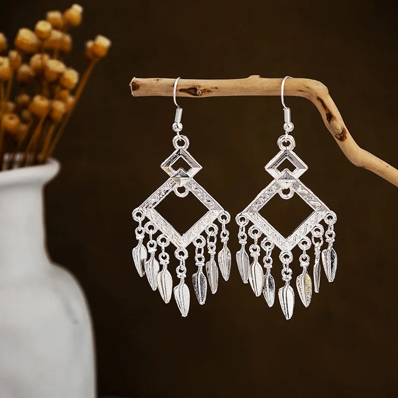Ethnic Silver Color Long Leaf Dangle Earrings