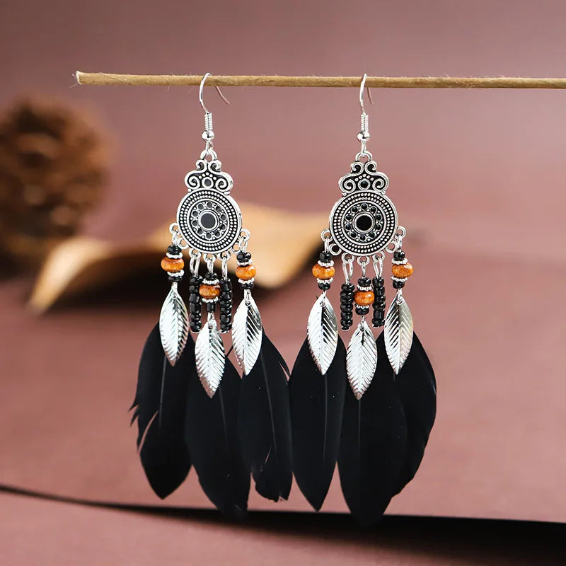 Ethnic Long Tassels Feather Drop Earrings