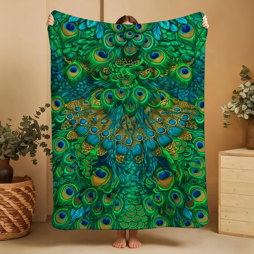 Vintage Green Peacock Feather Blanket