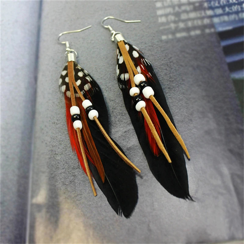 1Pair Tassel Dangling Earrings Colorful Feather Leather