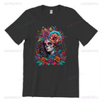 Skull T-Shirt La Catrina Girl with Purple Roses Dia De Los Muertos Day of The Dead