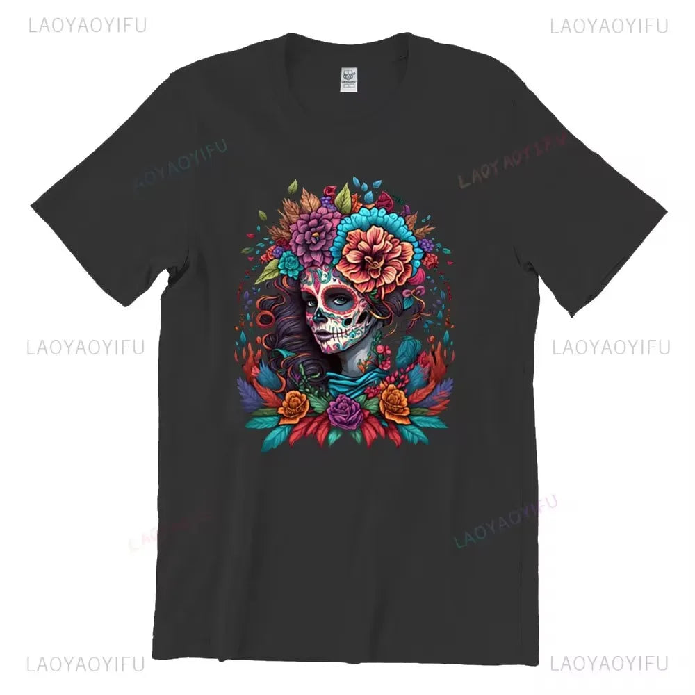 Skull T-Shirt La Catrina Girl with Purple Roses Dia De Los Muertos Day of The Dead
