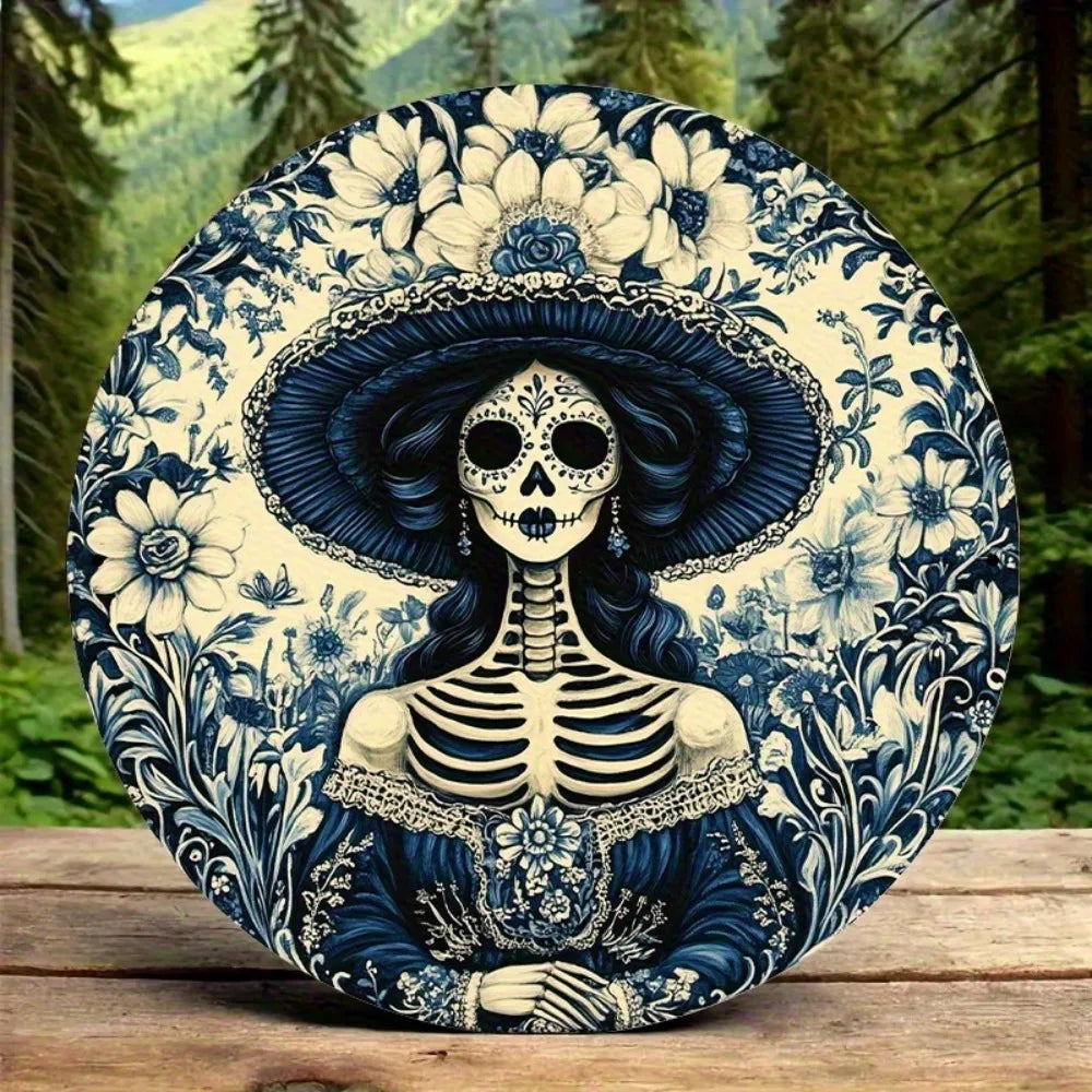 La Catrina 2D Flat Round Aluminum Wall Art , Day of the Dead Theme