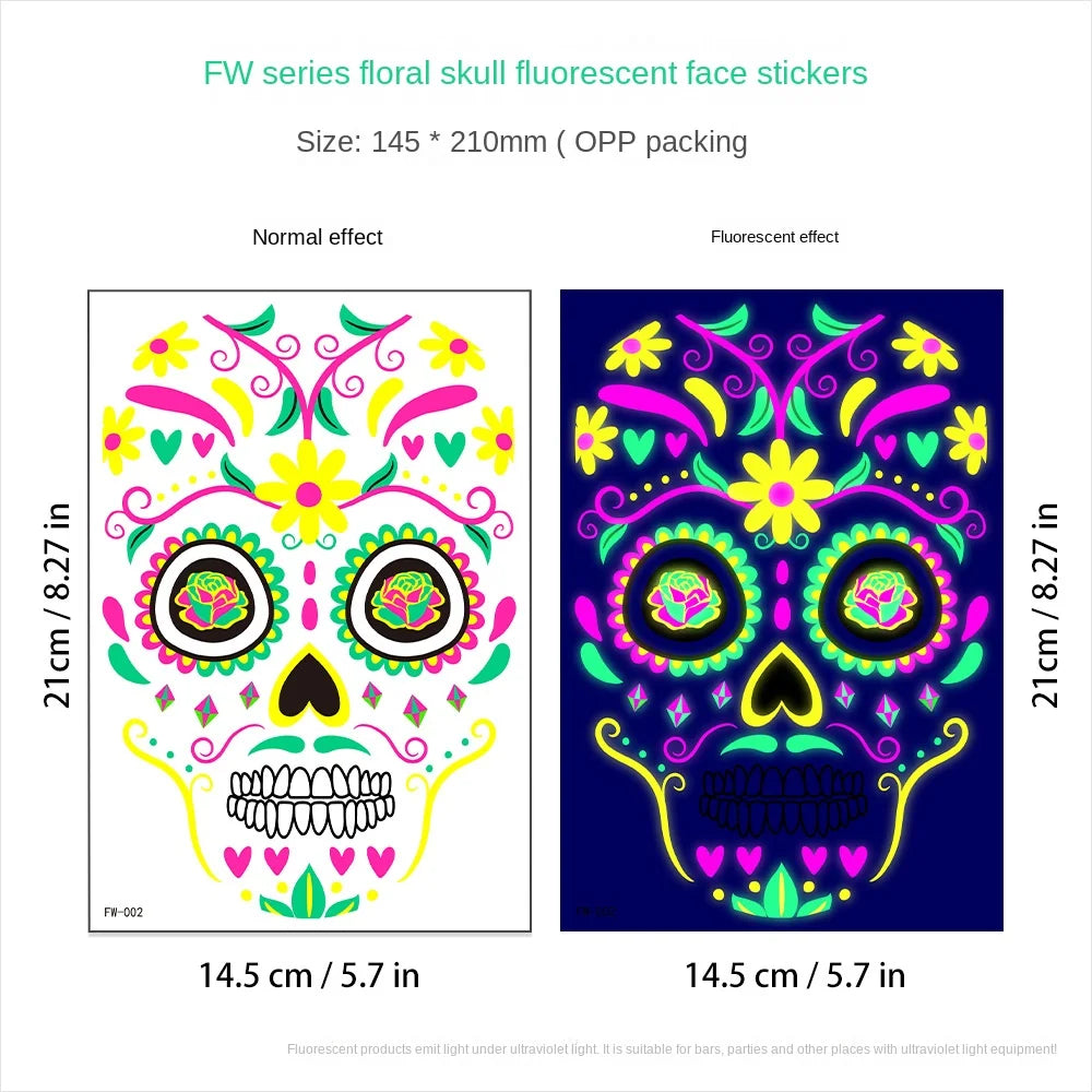 Waterproof Fluorescent Temporary Tattoo Stickers Day of the Dead