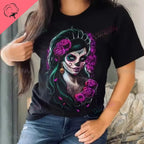 Skull T-Shirt La Catrina Girl with Purple Roses Dia De Los Muertos Day of The Dead