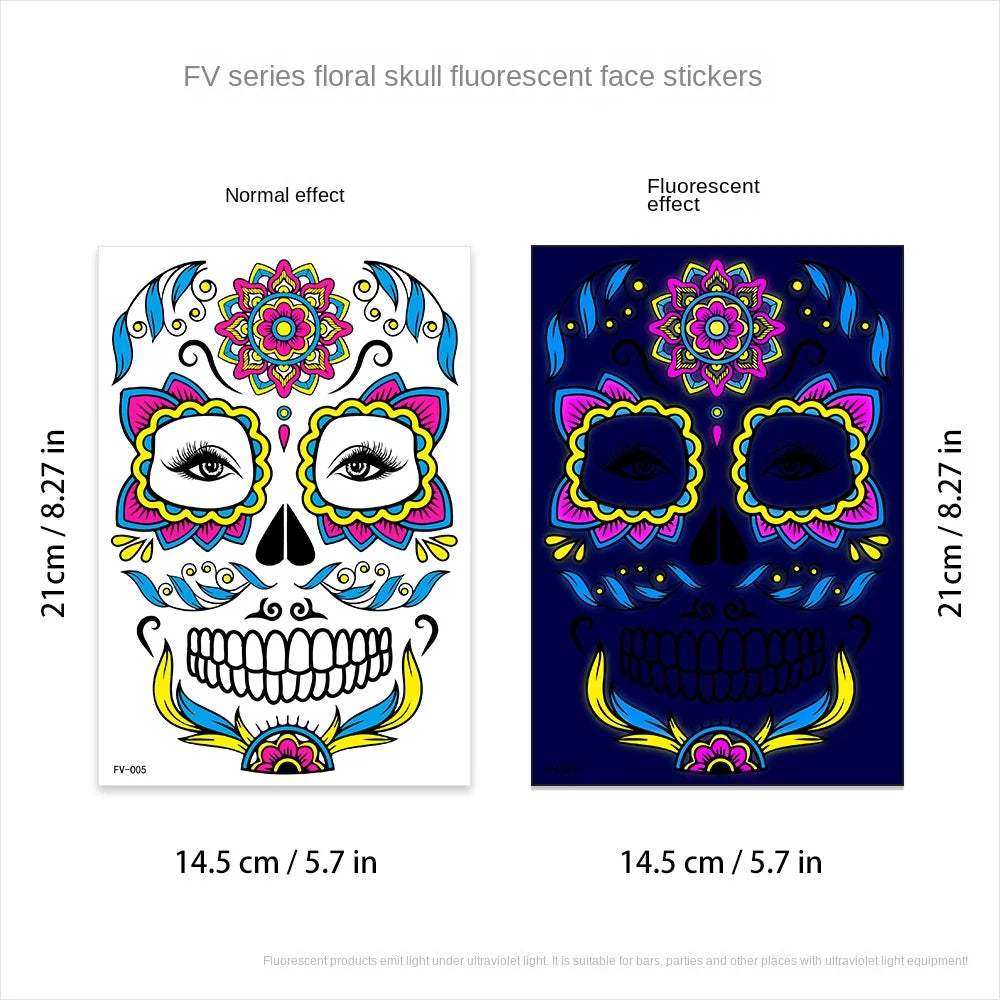 Waterproof Fluorescent Temporary Tattoo Stickers Day of the Dead