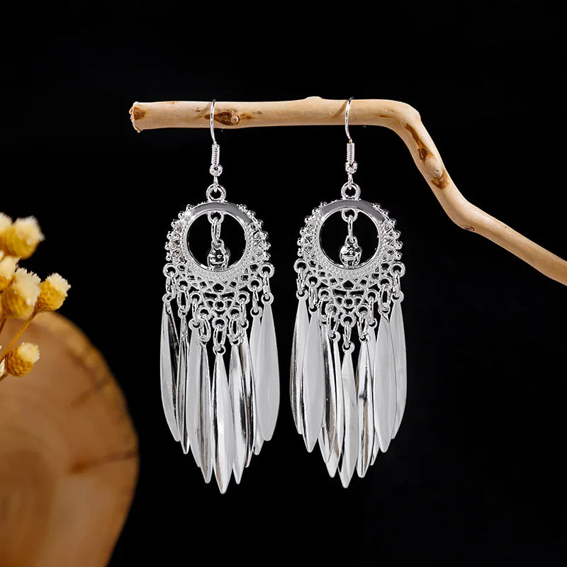 Ethnic Silver Color Long Leaf Dangle Earrings