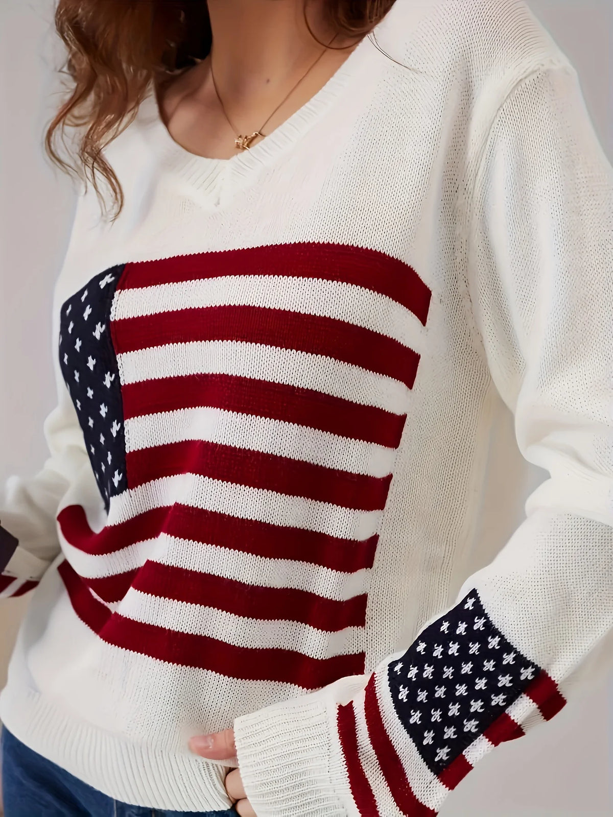 Women's American Flag V Neck Knit Sweater