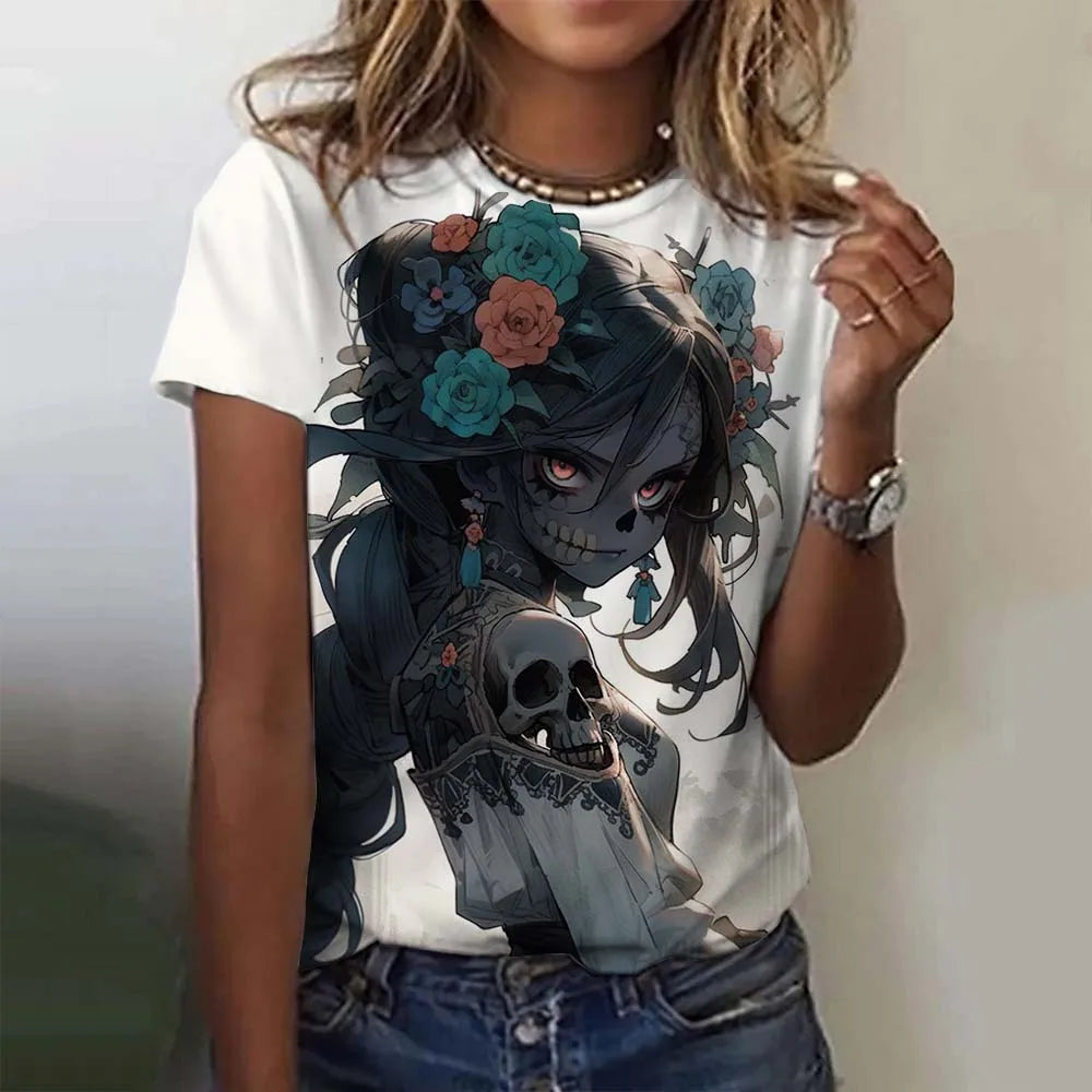 Fashion Women's T-shirt for Girls Short Sleeve Day of the Dead Undead Skull