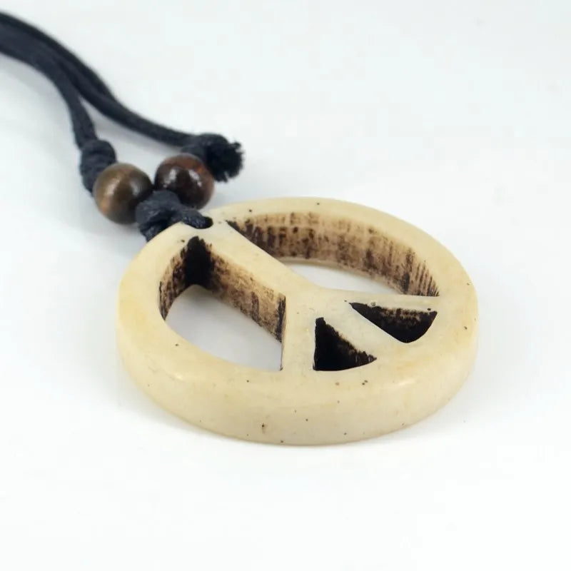 Peace Sign Bone Resin Carving Pendant Necklace