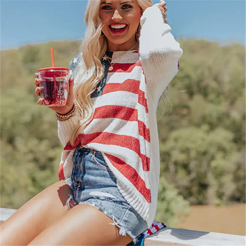 Women USA Flag Print Knit Sweater