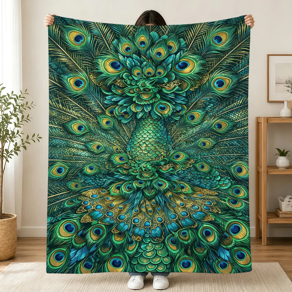 Vintage Green Peacock Feather Blanket