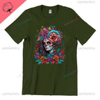 Skull T-Shirt La Catrina Girl with Purple Roses Dia De Los Muertos Day of The Dead