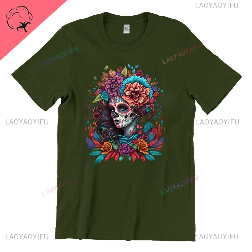 Skull T-Shirt La Catrina Girl with Purple Roses Dia De Los Muertos Day of The Dead