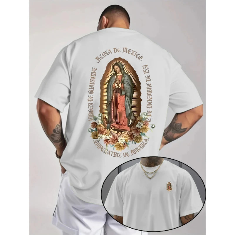 Virgen De Guadalupe Graphic Short Sleeve Religious Virgin Mary Cotton T-Shirt