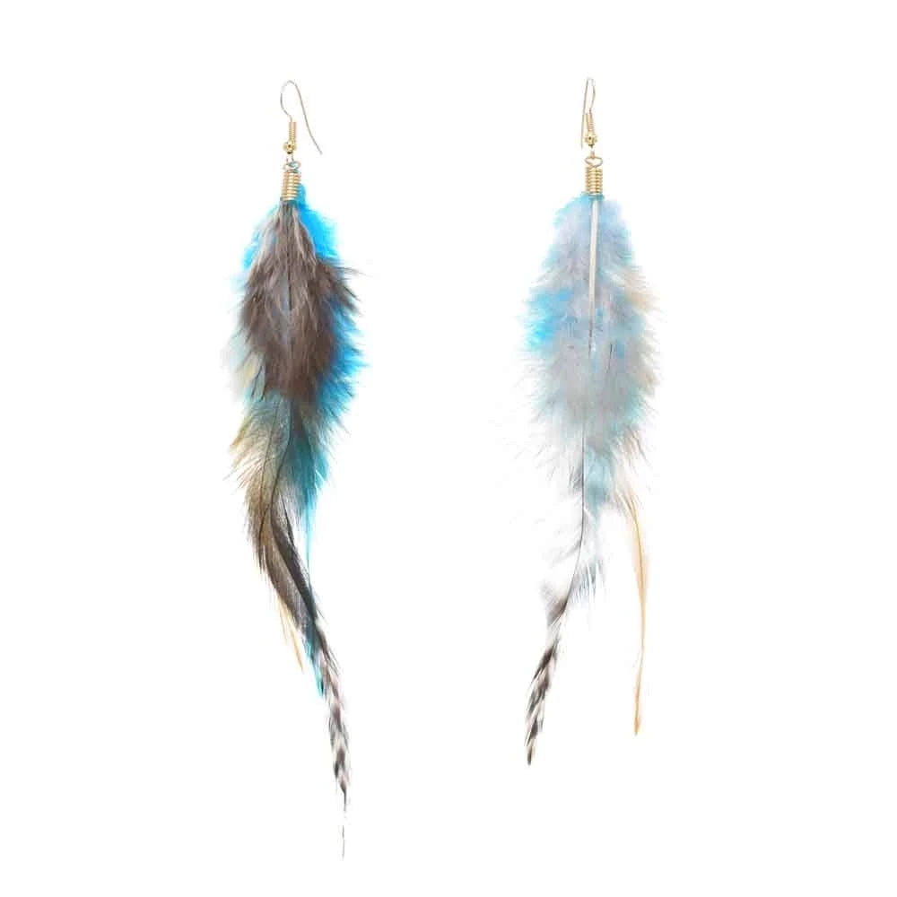 Brown Blue Feather Tassel Earrings