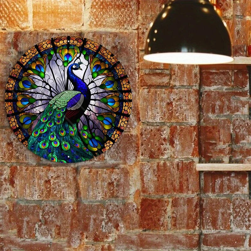Aluminum Metal Sign Faux Stained Glass Peacock