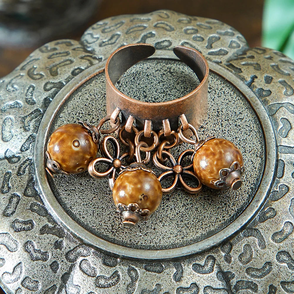 Ethnic Flower Feather Tassel Rings For Women Vintage Antique