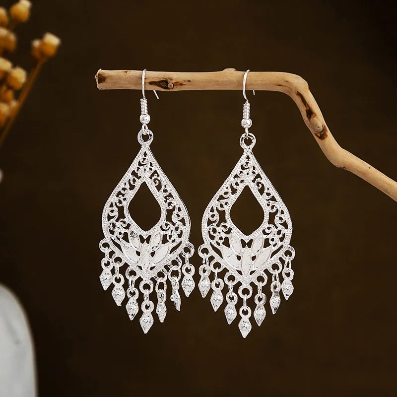 Ethnic Silver Color Long Leaf Dangle Earrings