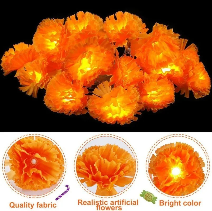 5 Ft LED Orange Marigold Lights for Day of The Dead, Halloween, and Diwali