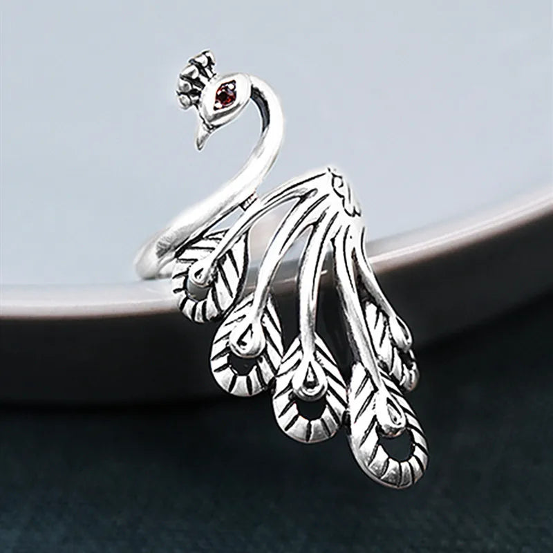 Sterling Silver Peacock Open Vintage Rings For Women