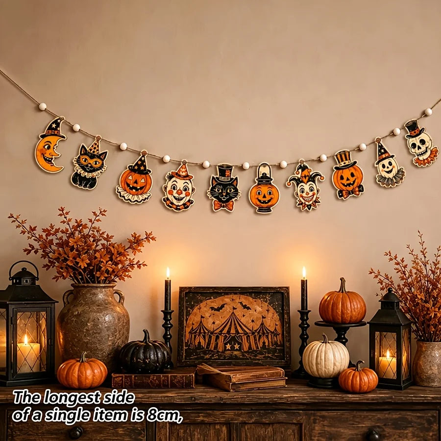10Pcs Vintage Halloween Wooden Garland