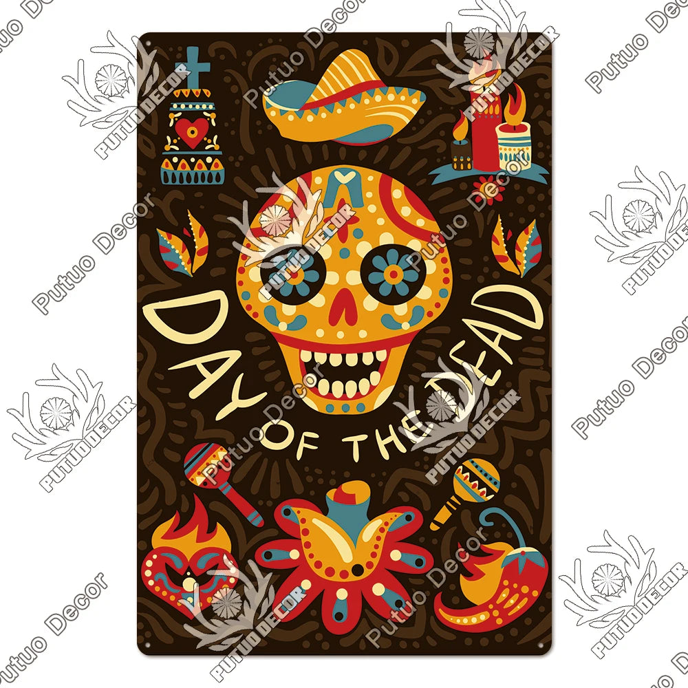 Putuo Decor Day of the Dead Tin Sign Vintage