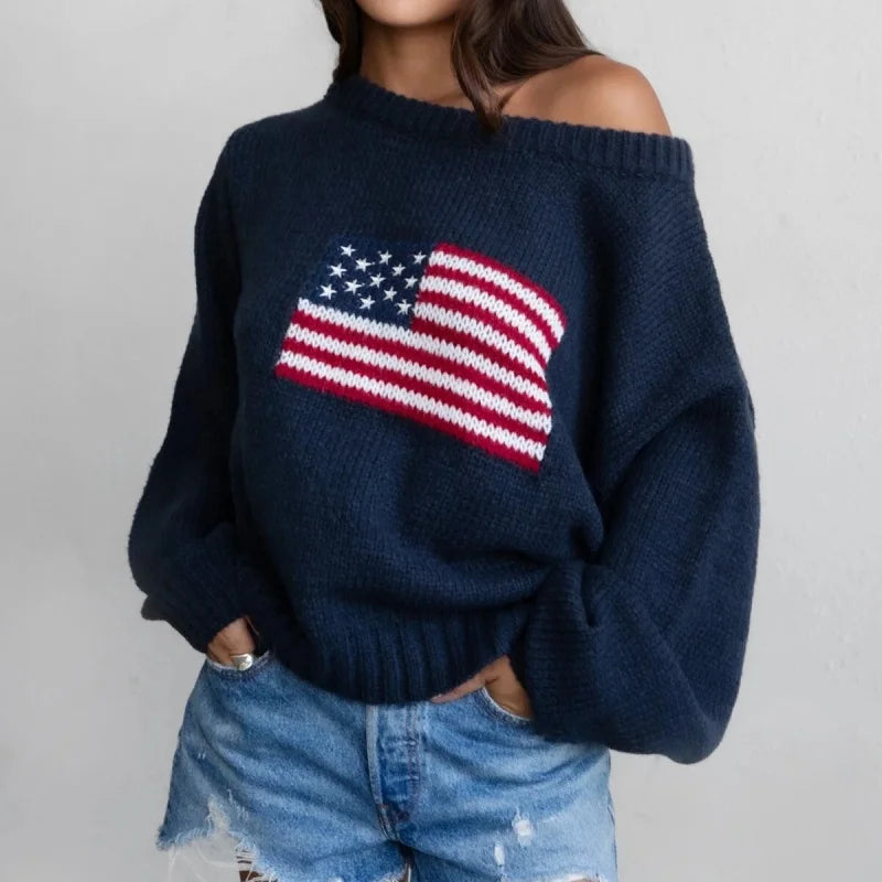 Off the Shoulder American Flag Sweater