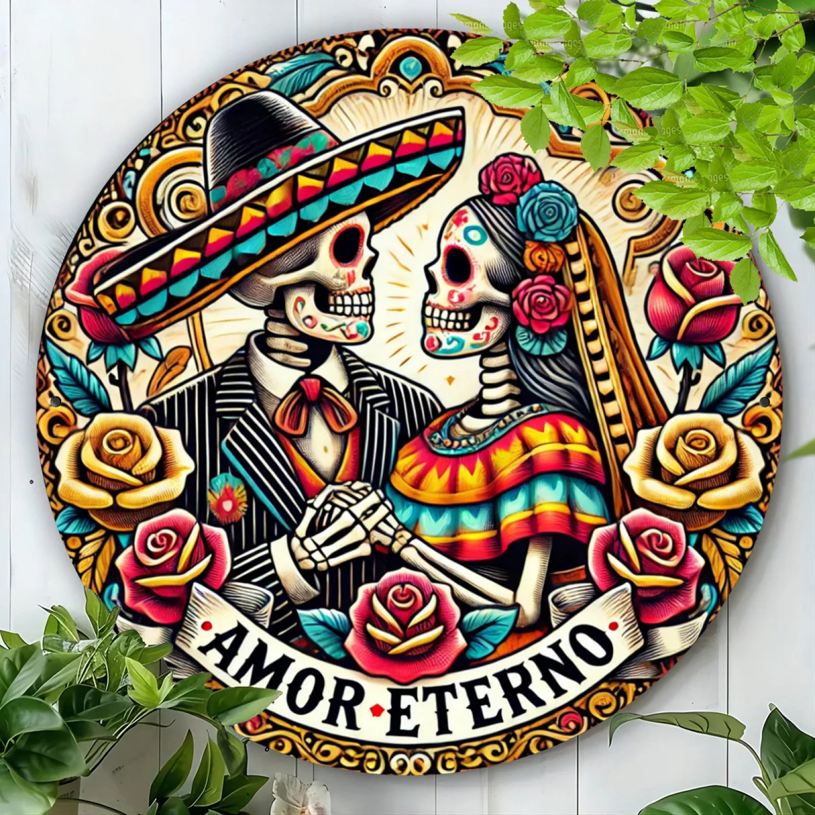 Dia de los Muertos Aluminum Wall Art, Eternal Affection Skeleton Couple Wreath